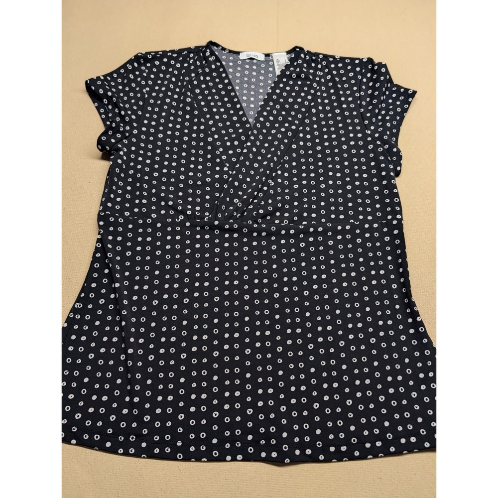 Liz & Co Women's Blouse Size L Black With White Polka Dots Poly Blend Pullover